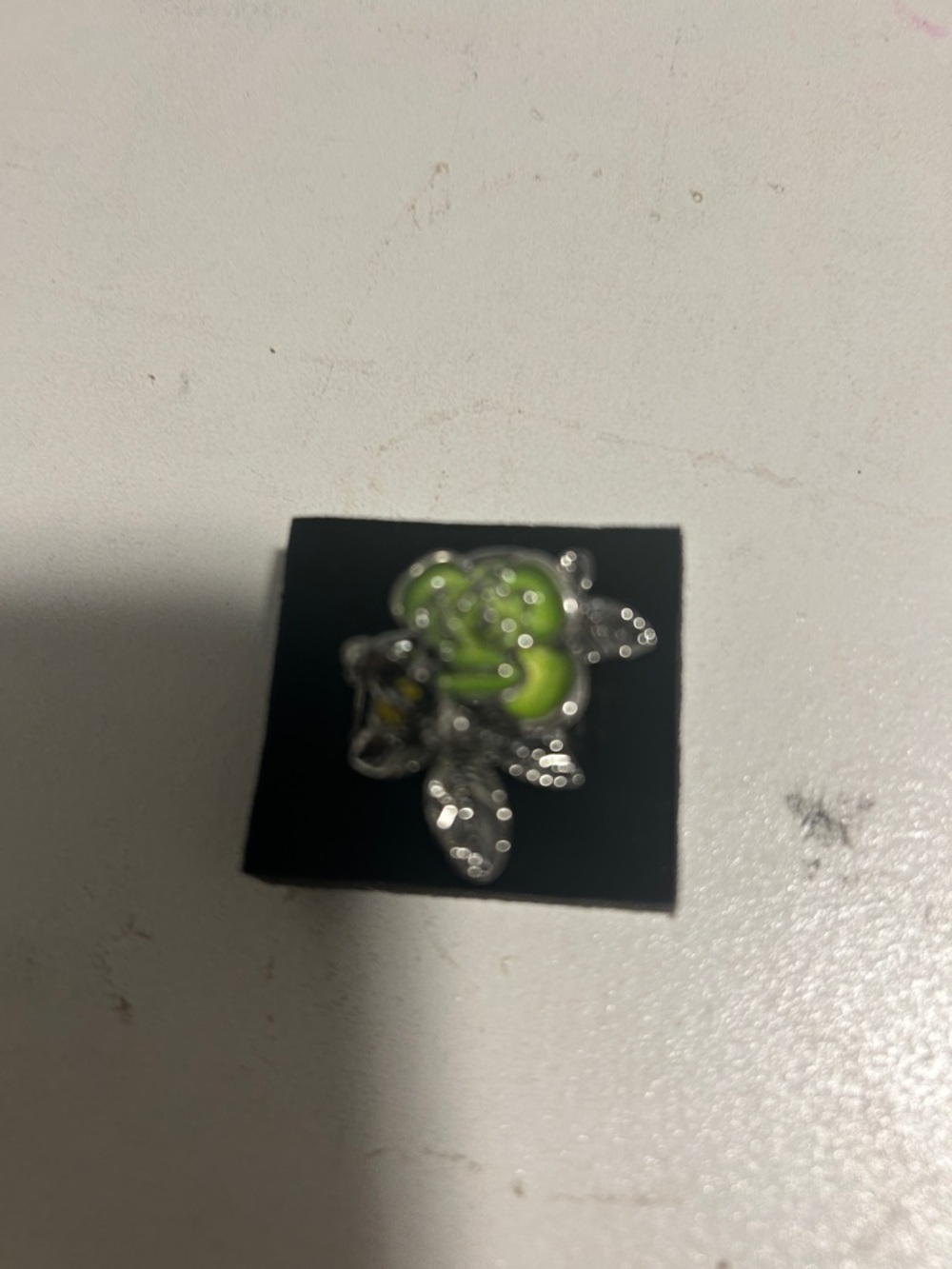 Silver Floral Ring with Lime Green Accent